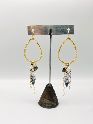 Hammered Pear Hoops in Dendritic Agate