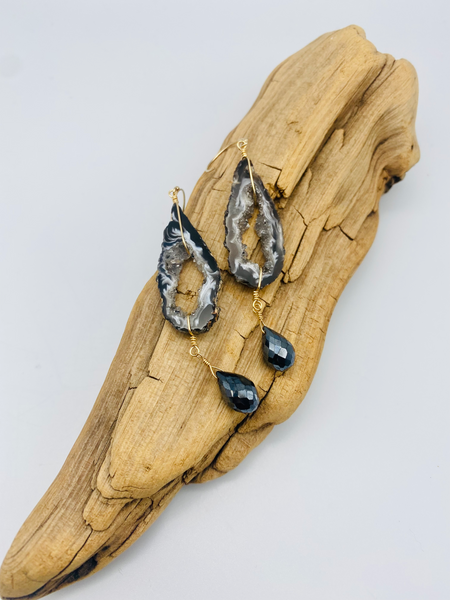 Geode Slice Earrings in Black Pyrite