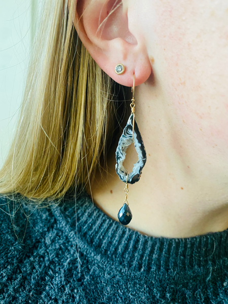 Geode Slice Earrings in Black Pyrite